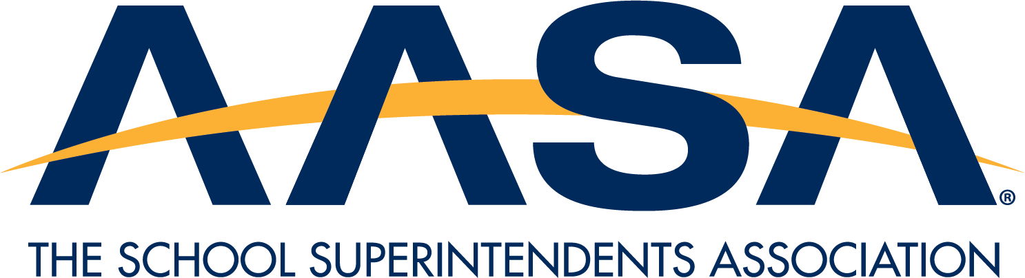 Logo for The School Superintendents Association (AASA) showing each letter in the abbreviation and a yellow line crossed through